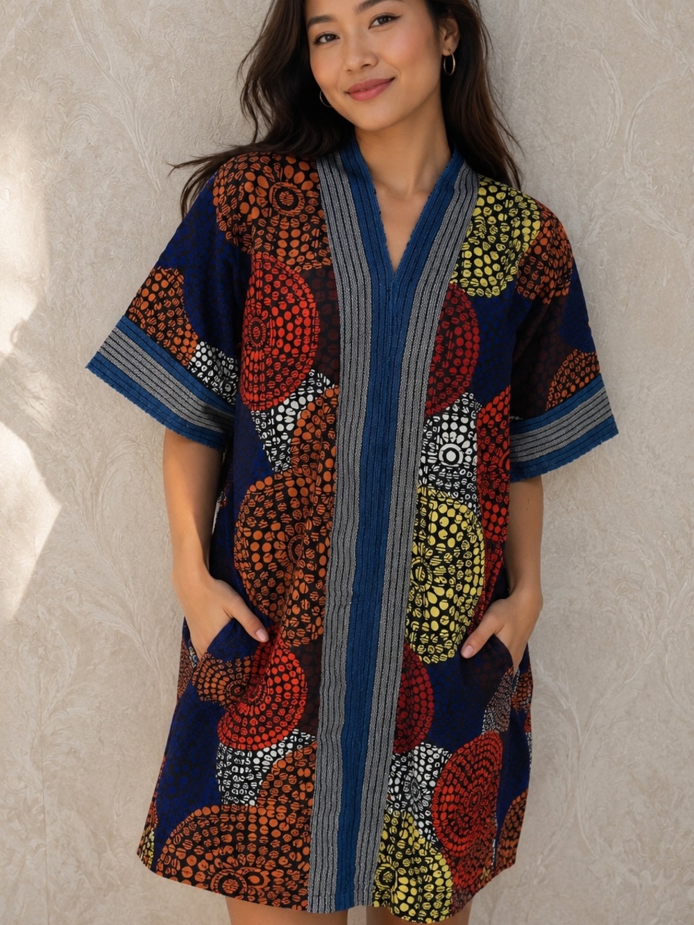 Ankara Ready To Wear. Vibrant Printed Shift Dress with Blue Trim